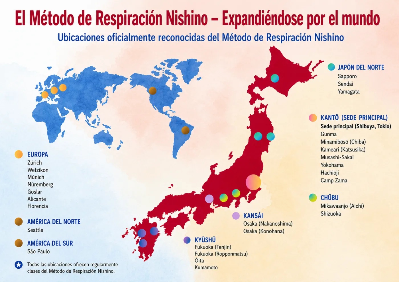 El Método de Respiración Nishino, difundido por todo el mundo (mapa de clases certificadas)